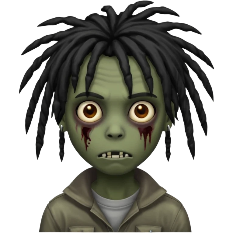 emo zombie boy, black shaggy dreads, medium long, dark and spooky, creepy expression, iOS emoji style emoji