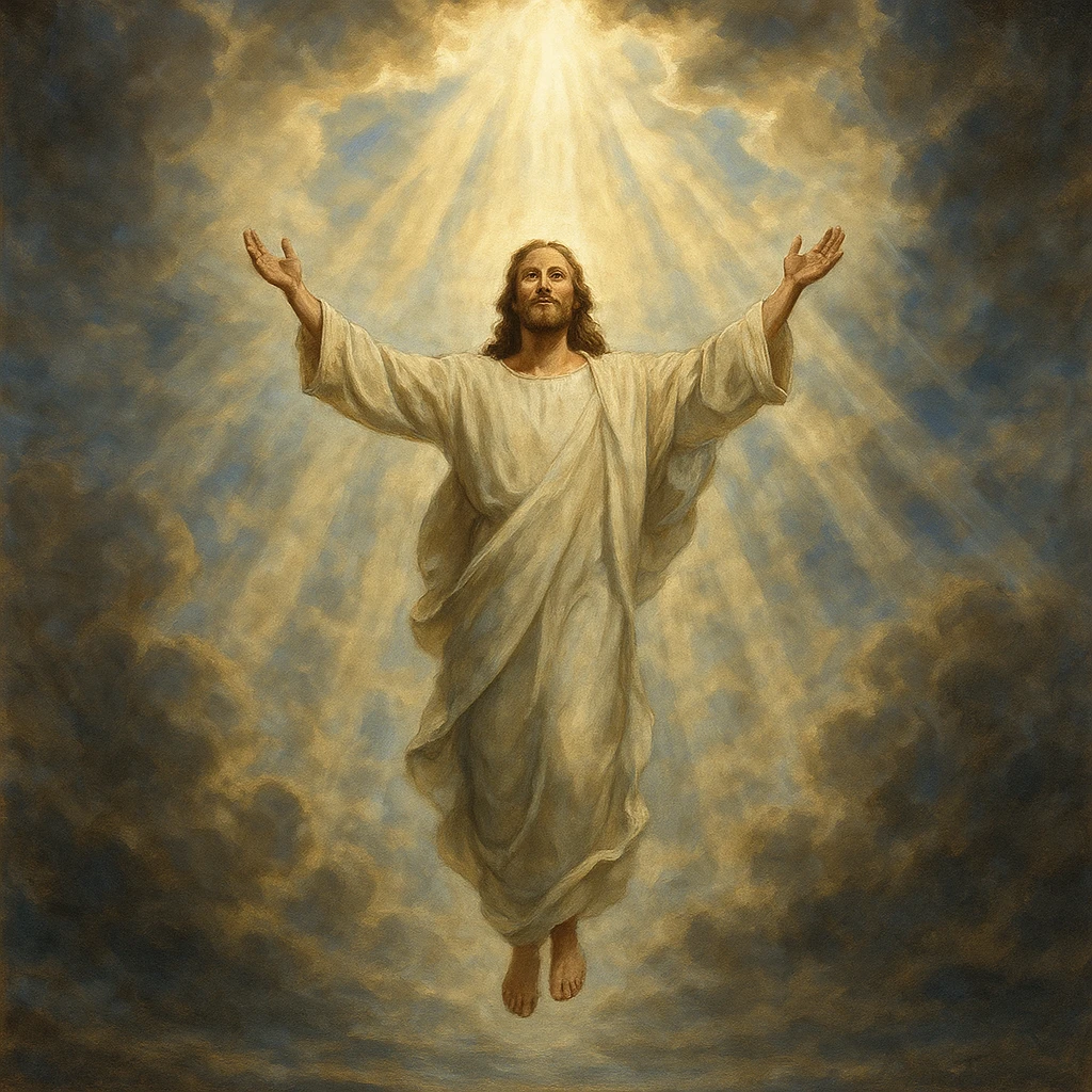 Jesus' ascension, figure rising with open arms, sky dramatically opening with beams of light, spiritual and hopeful emoji