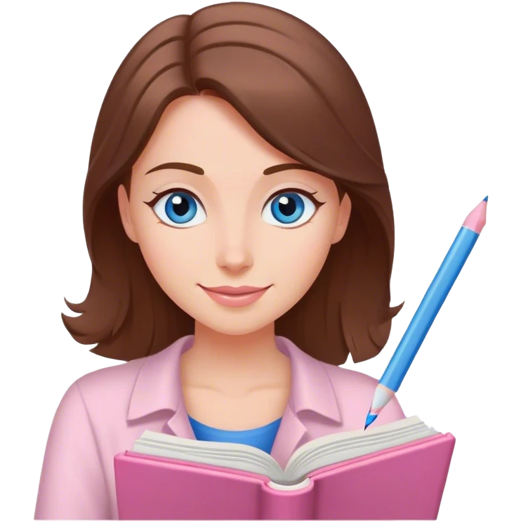 female happy writer, romantic, brown haired, fair skinned and blue eyed writing a light pink romance book emoji