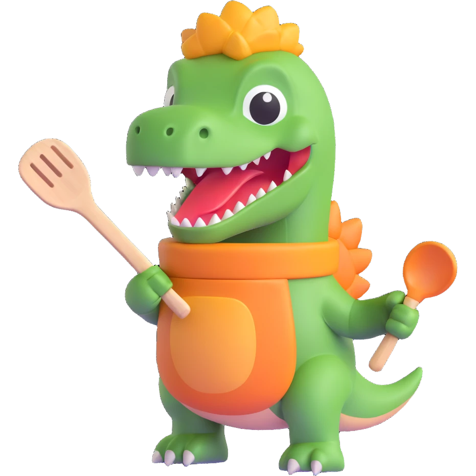 dinosaur with a spatula and oven mitts, ready to cook, 3d emoji style emoji