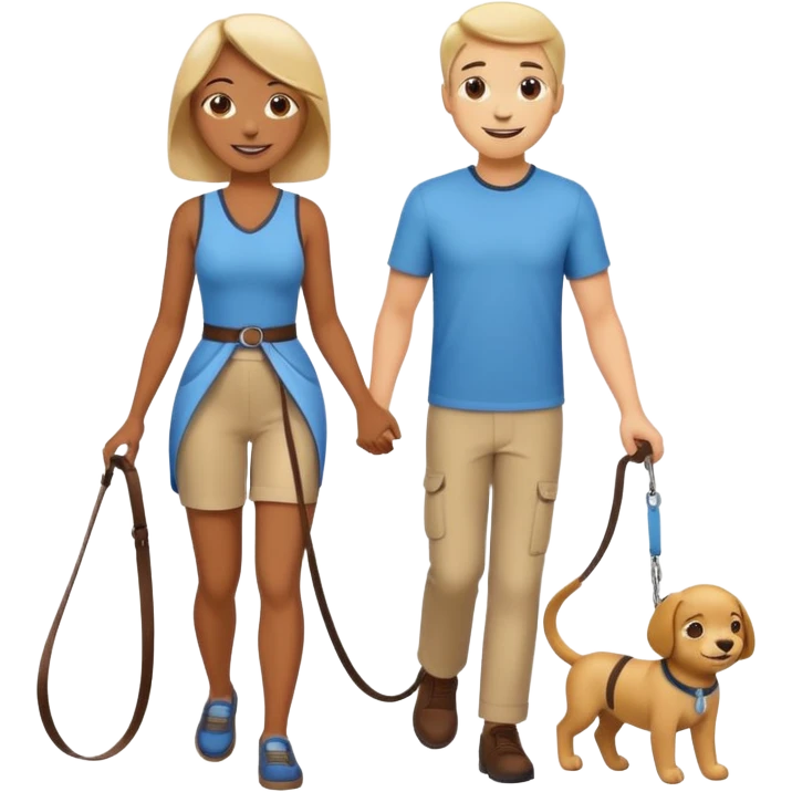 cartoon-style woman leading a man on a leash, both smiling, simple and bold lines, emoji style, transparent background emoji