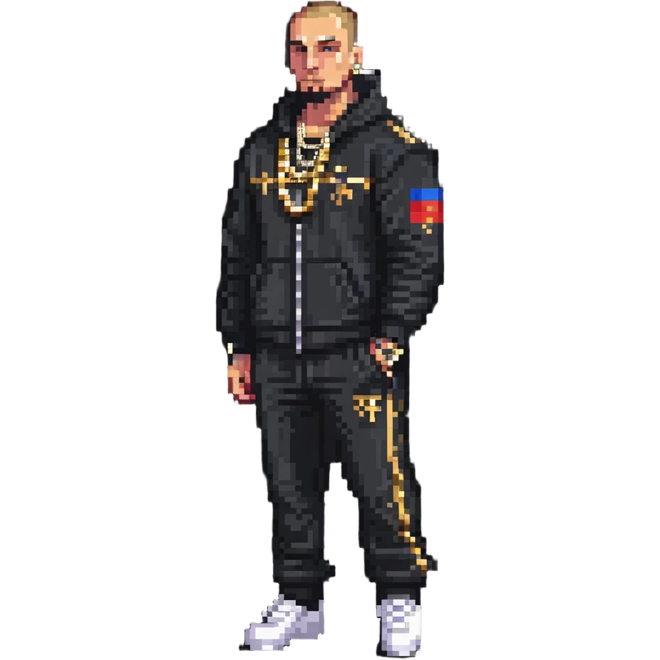 Russian gangster wearing a tracksuit and gold chain, pixel art style emoji