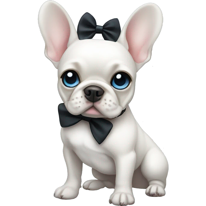 White female french bulldog with blue eyes wearing a black bow emoji