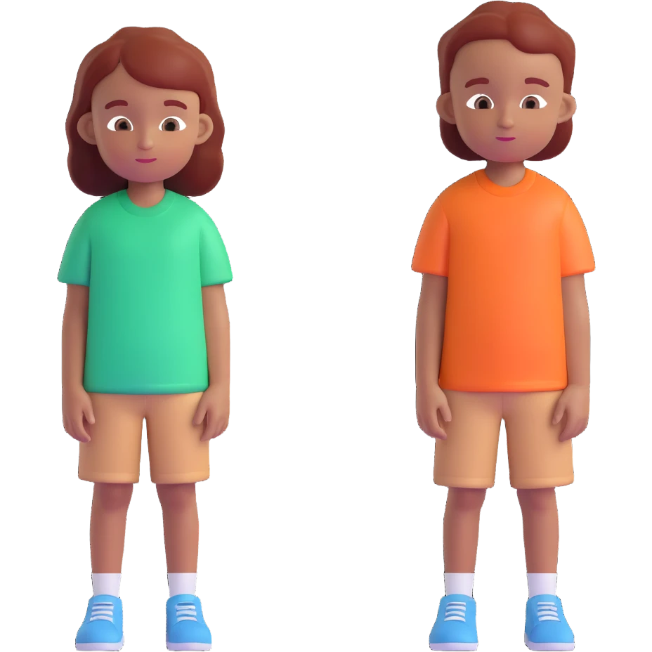 Slightly increase the volume of the upper body of the girl, separate the girl and the boy from each other, make the skin color the same for both. Keep the cartoonish 3D style. Keep the background transparent. emoji