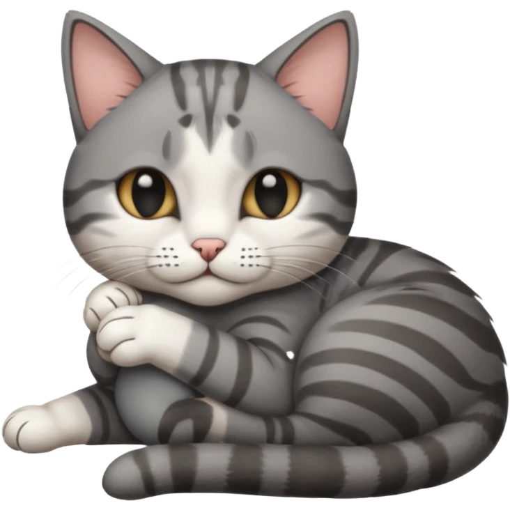 dark grey and white small cat with his eyes closed, leaning his head on his paw while leaning on his elbow lying down emoji