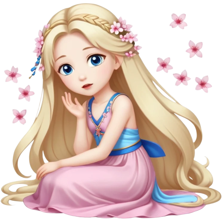 Girl with long blond hair and sakura accessories on her hair with a long tailed dress on the floor and have blue eyes beautiful finish and she sending lovely kisses  emoji
