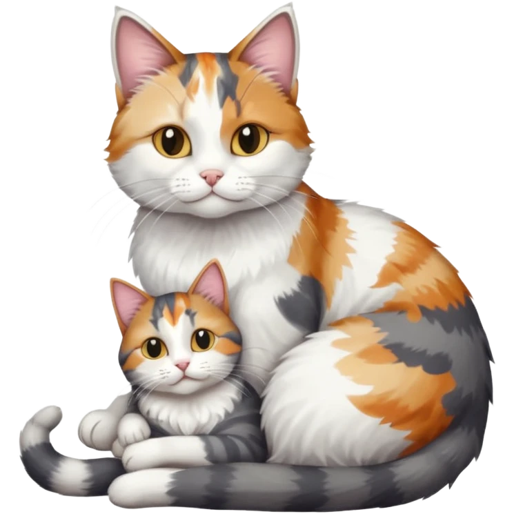 full body colourful light patched calico + white tabby cat cuddling a grey and white cat  emoji