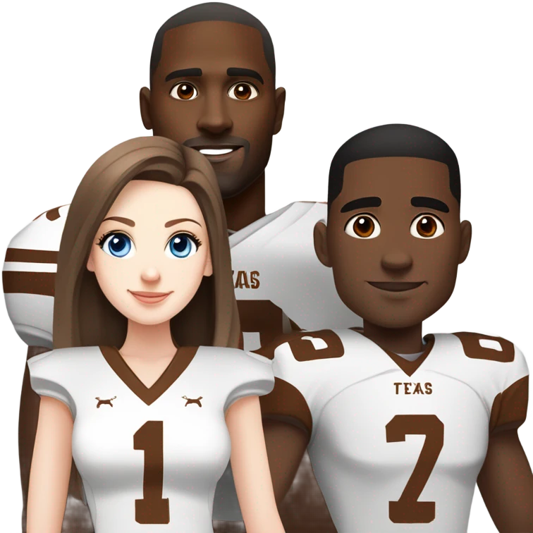Beautiful girl, pale skin, blue eyes, long straight beautiful light brown hair, wearing Texas Longhorn football cheerleading uniform, standing next to handsome black man with short black hair wearing Texas longhorn football jersey emoji