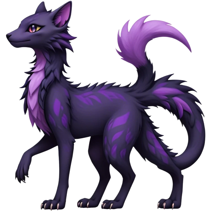 Kawaii dark black purplish blackish edgy fantasy ethereal feline-vernid-sergal-fursona animal creature with a tufted tail full body with intricate markings  emoji