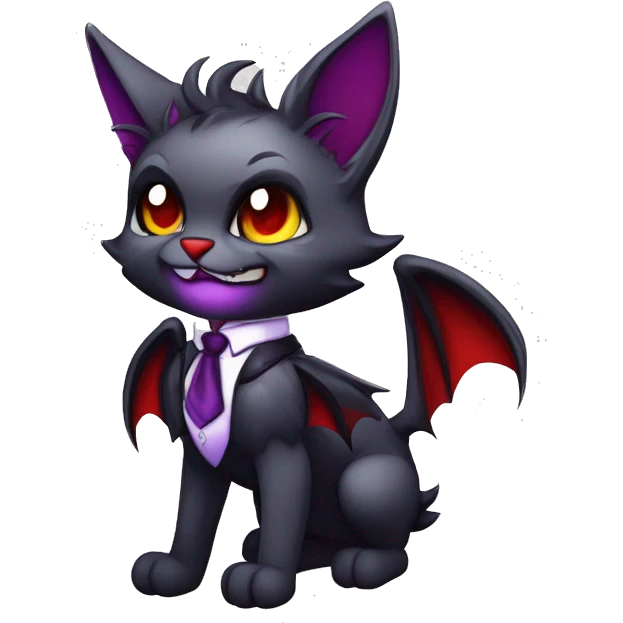 Anthro-Cute-Evil-Vampiric-Batty-Cat-Black-Purple-Red-Grey-White-Yellow-Contrast-Colors-Fantasy-Fur-Sona-Chibi-Shiny-Fakémon-Hybrid with horns and big fangs neck tie leg spats full body emoji