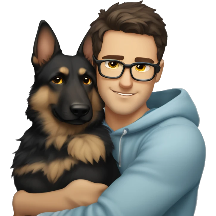 a handsome guy (dark brown hair, light blue colour eyes, thin stylish black glasses with hoodie) hugging a dog (grey colour german shepherd, yellow/brown eyes) emoji