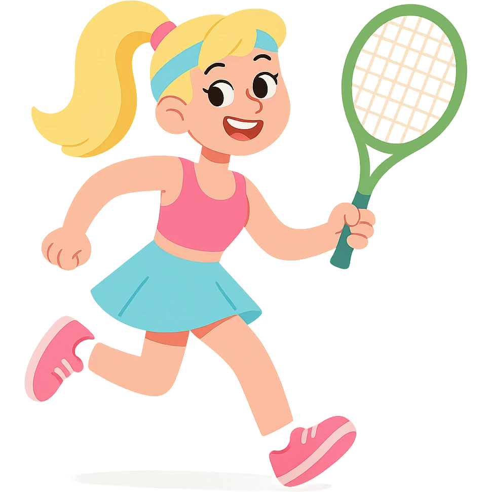 Barbie in a sporty outfit, energetic, ponytail, holding a tennis racket, bright and cheerful emoji