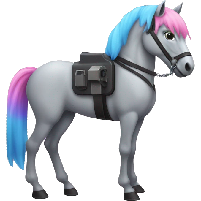 Gray horse with PINK and BLUE hair. One of its two front legs is a VIOLET LASER GUN emoji
