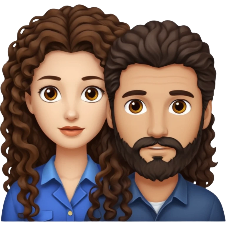 pareja de Mujer morena rizada cabello largo castaño ojos oscuros y hombre piel blanca con caballo oscuro con barba y ojos marrones emoji