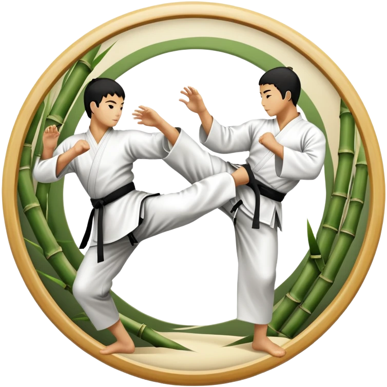 An icon symbolizing Eastern martial arts in the style of an emblem, featuring a black-and-white Yin-Yang symbol at the center. A martial artist is performing a fluid kick, surrounded by elements like a dojo and bamboo. Transparent background highlights balance and harmony. emoji