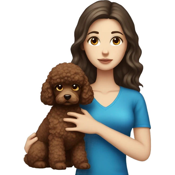 white girl with long dark hair, with blue eyes and holding a brown toy poodle  emoji