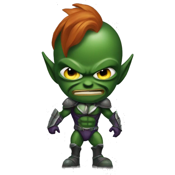A green goblin with a spartan helmet and body modifications emoji