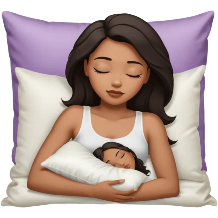 beauty african american woman, shoulder length dark hair,  sleeping laying on her side with a white silk pillow, she is wearing a white tank top emoji