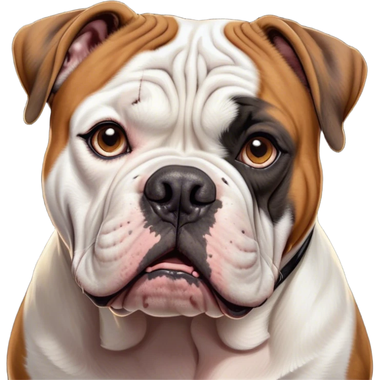 Cinematic Comical Black and White American Bulldog Portrait Emoji, Head tilted dramatically with an exaggeratedly shocked or offended expression, short fur with black and white markings, a slightly wrinkled forehead, wide, expressive brown eyes filled with exaggerated disbelief, Simplified yet hilariously expressive features, highly detailed, glowing with a slightly sassy glow, high shine, dramatic yet playful, stylized with an air of attitude, bright and endearing, soft glowing outline, capturing the essence of a sassy and over-the-top pup, so meme-worthy it feels like it could side-eye its way into internet fame instantly! emoji