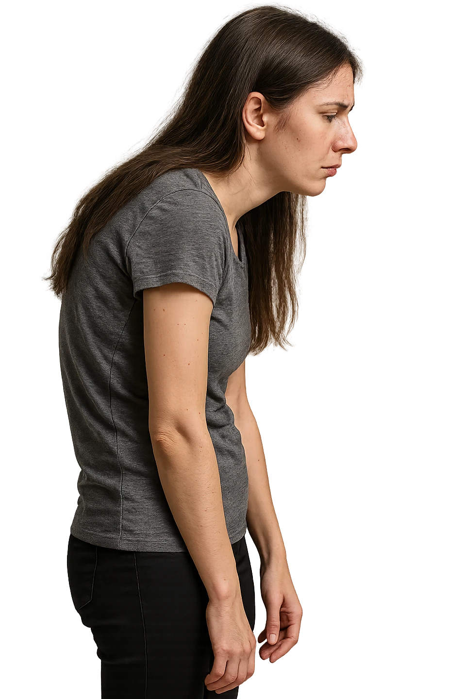 fai immagine identica ma di una donna con capelli lunghi, iperrealistico 4k, postura storta con spina dorsale storta emoji