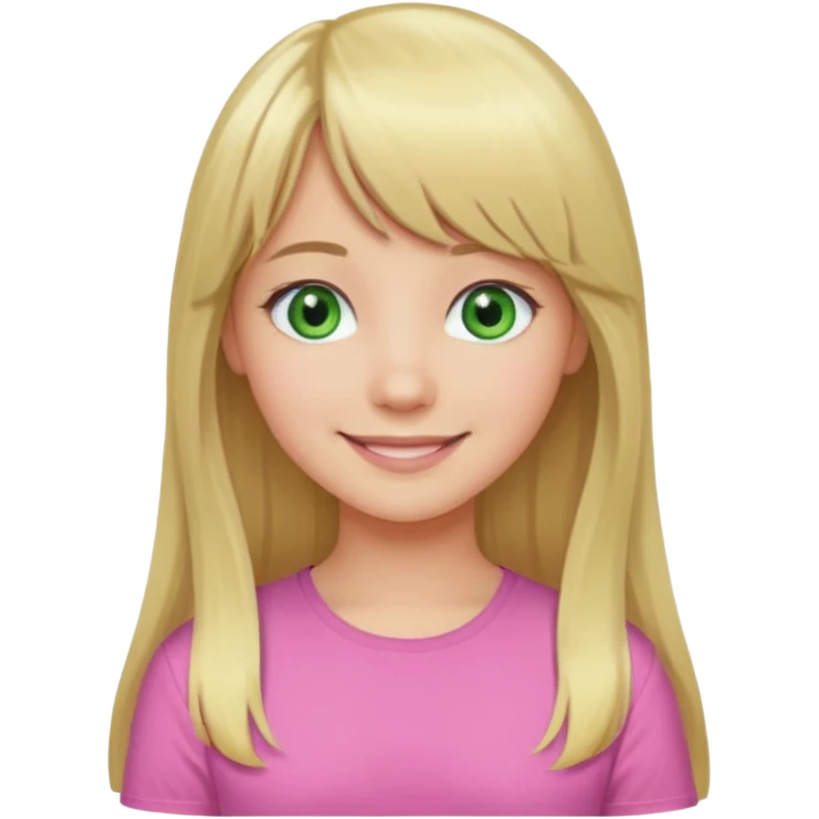 Menina branca de cabelo loiro longo de franja na testa sorrindo blusa rosa olho verde emoji