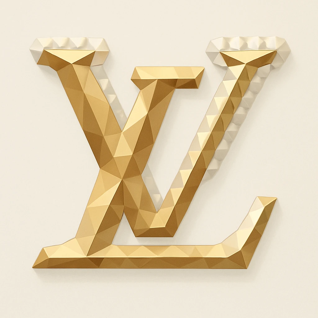 Louis Vuitton LV monogram, metallic gold, pearl border, elegant, polygonal low-poly style emoji