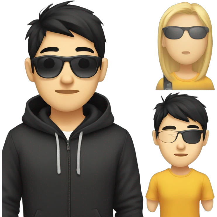programmer, student, asian, black hair, black eyes, male, round face, black sunglasses, black hoodie emoji