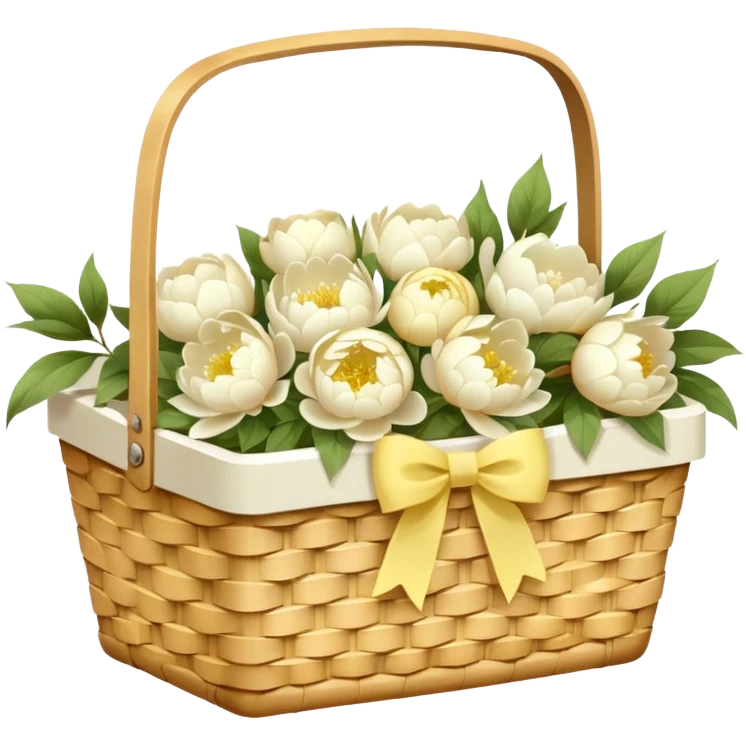 White Picnic basket with pastel yellow bow and white peonies inside emoji