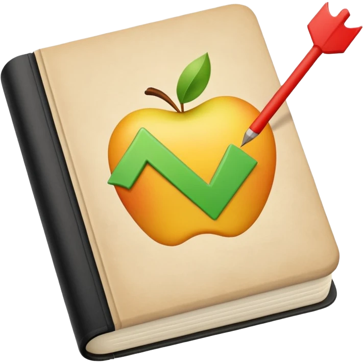 apple style emoji of an open trading wisdom journal with market lessons, trader’s reflections, key adjustments, checkmark for discipline, thought bubble for reflection, upward arrow for progress, clean minimalist design emoji