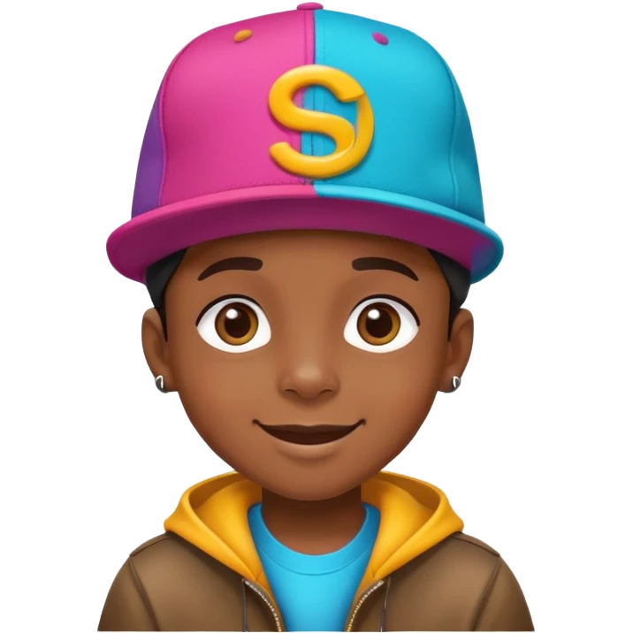 black kid with a colorful hiphop hat, happy face emoji