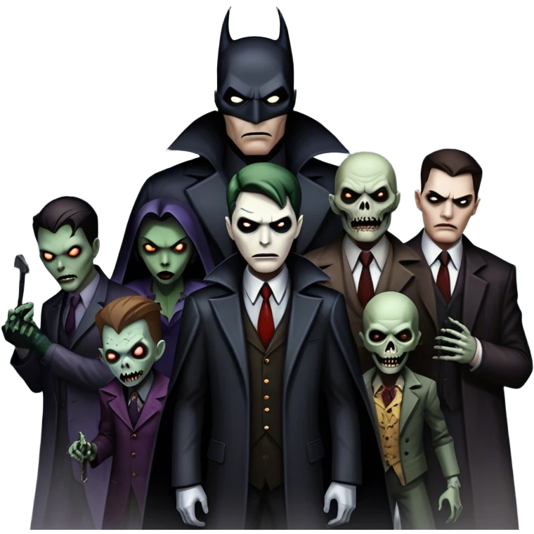 Icon for Thriller Movies: A large, dramatic collage featuring sinister villains and zombies in dark clothing. The background shows the gloomy cityscape of Gotham with dim lighting and eerie shadows. The atmosphere should be tense, mysterious, and suspenseful. Transparent background. emoji