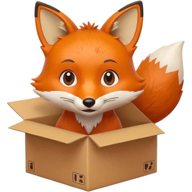 charming fox with a tilted head in a cardboard box, cheerful, kids toy aesthetic emoji
