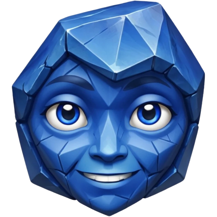 A single sapphire-blue faceted rock head, chunky and worn, with very visible big cracks and chipped facets but still shiny, big kind eyes and a confident smile emoji