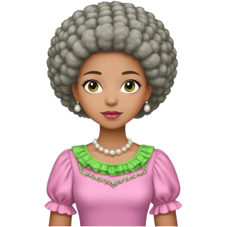Pretty Brown woman with a very very short stylish gray Afro  wearing pink and green dress  and pearl blouse with sleeves emoji