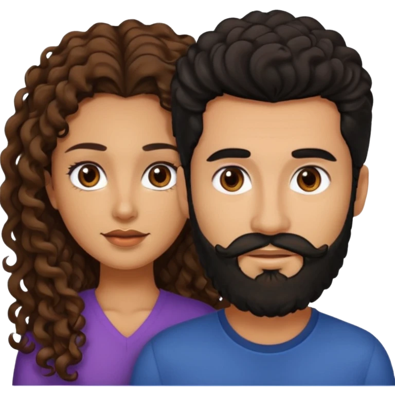 pareja de Mujer morena rizada cabello largo castaño ojos oscuros y hombre piel clara cabello negro con barba  y ojos marron emoji