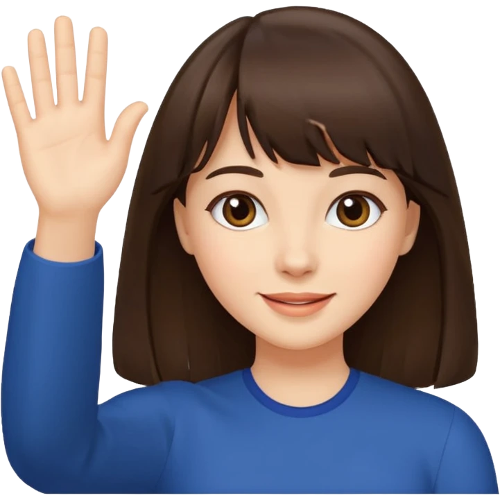 brunette woman with bangs and long hair waving, cheerful emoji