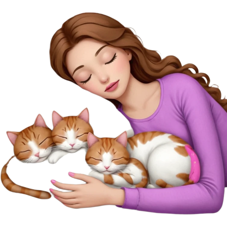 girl with long wavy brown hair, brown eyes, long lashes makeup, sexy pink lips, light to medium complexion,  sleeping on a cozy pillow, with 6 cats: 1 brown and white tabby cat, 1 ginger and white, 2 grey and white, 1 grey with white mittens and small white patch on chest and 1 calico, sleeping emoji