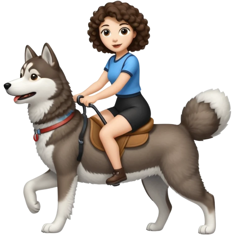cute woman short tight curly brown hair riding big husky dog emoji