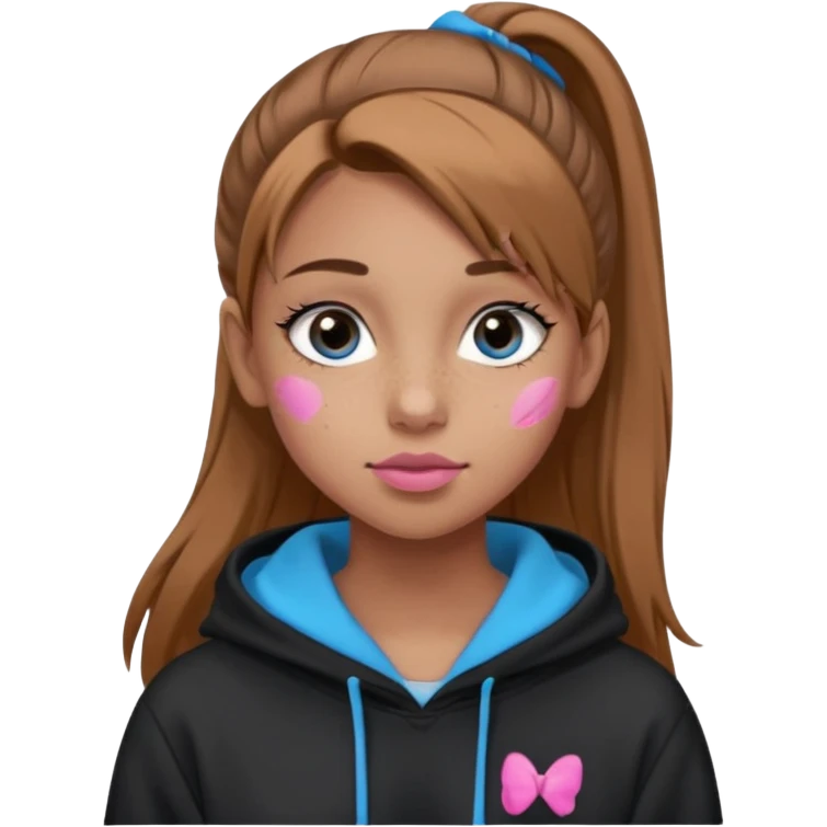 Create a teenage girl with straight light brown hair pulled into a ponytail, tan skin, light freckles, and blue-grey eyes. She will have pink lips and long black eyelashes. She will be wearing a big black hoodie. emoji