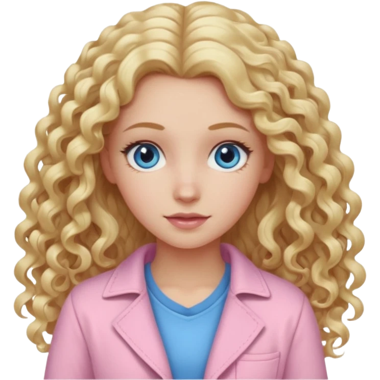 A white girl with long blonde curly hair and  eyes wearing light pink emoji