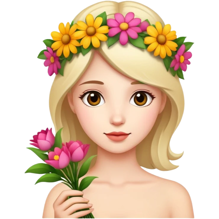 Beautiful girl with flowers on her head holding flowers emoji
