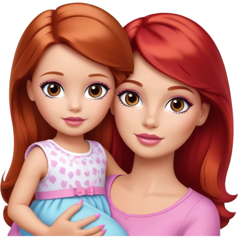 Barbie girl with makeup with brown hair with baby daughter girl with red hair by the hand emoji