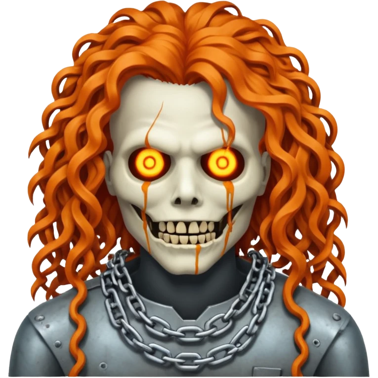 cinematic Megadeth - corpse made of rusty metal with chains on its teeth, huge curly orange hair emoji