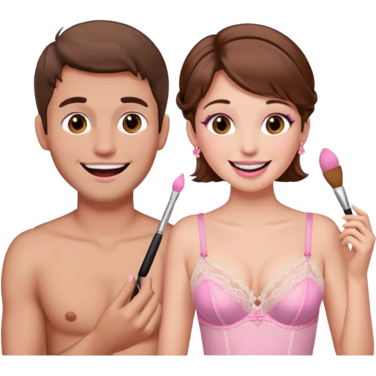 brown hair male getting sissified in pink feminine lingerie dress by his wife. the wife is laughing. she is doing makeup emoji