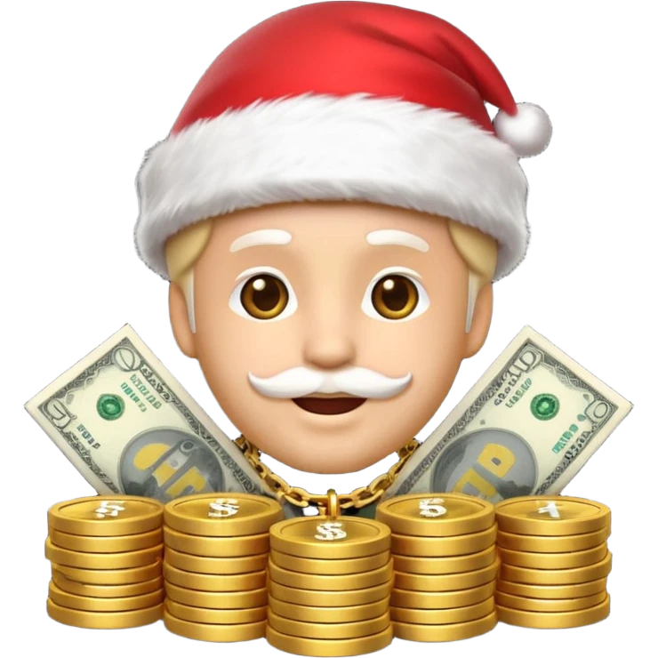 A confident rich emoji face wearing a Santa hat, money stacks, casino vibe, New Year theme, premium 3D emoji style, sharp details, no text, isolated on transparent background emoji
