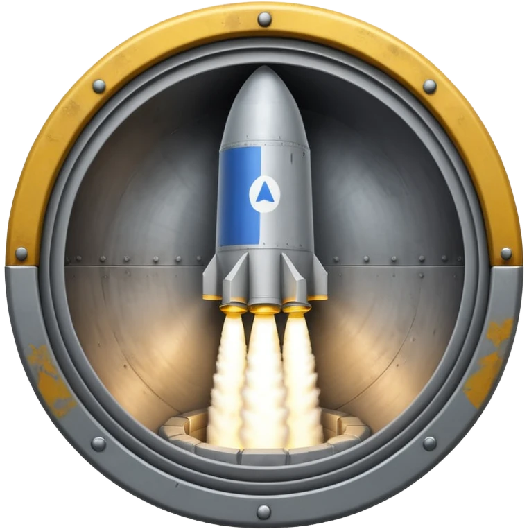 grey missile silo hatch open, and the top two thirds of a white nuclear missile launching out of the silo is shown emoji