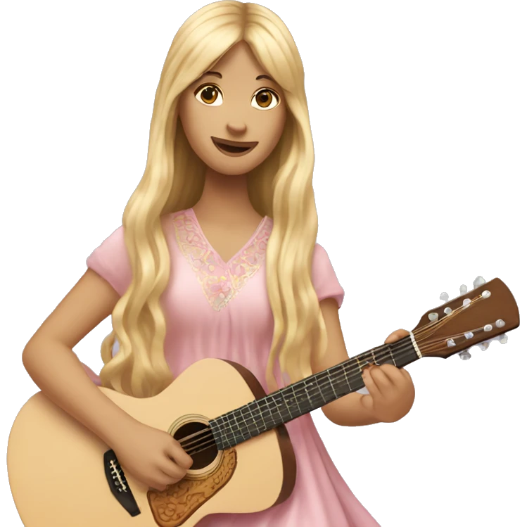 Hippie Girl with long blonde hair and bangs, wearing a baby pink long dress, playing acoustic guitar  emoji