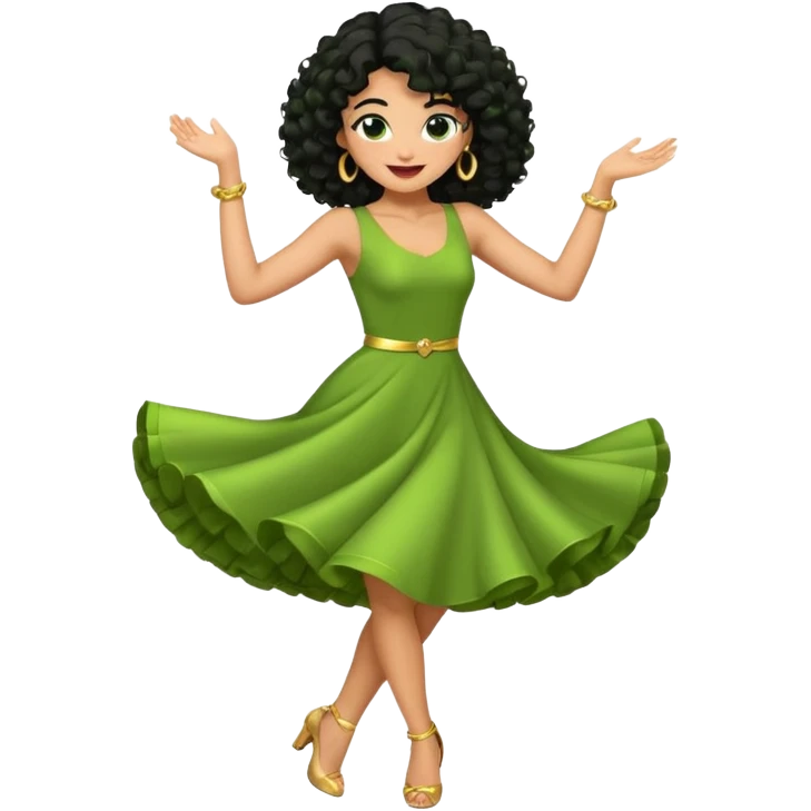 a woman with olive skin tone and curly black hair wearing green and dancing. full body, disco pose emoji
