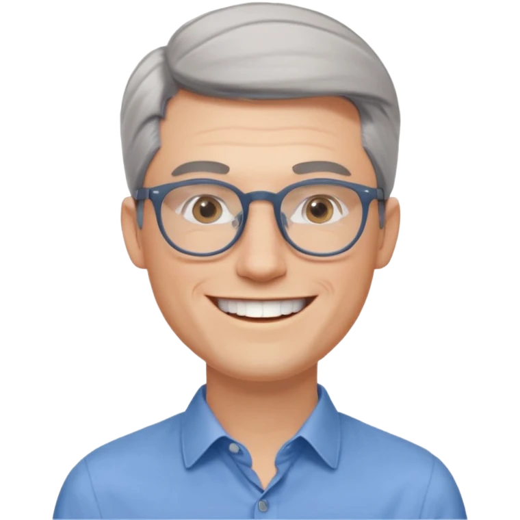 30 yr old pale white man, grey side swept hair, round glasses, big smile, white teeth, handsome, longer hair, thin glasses, blue dress shirt, no tie, stylish hair emoji