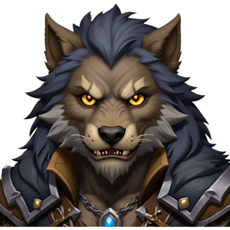 Cinematic Realistic WoW Worgen Portrait, depicted as a fearsome blend of man and beast, with rugged, dark fur intermingling with tanned, weathered skin. His piercing amber eyes and fierce expression are framed by disheveled hair and subtly detailed, worn leather attire in dark, consistent hues. Rendered with lifelike texture and dramatic, natural lighting, high shine, noble and formidable, capturing the primal nobility of a legendary worgen warrior. emoji
